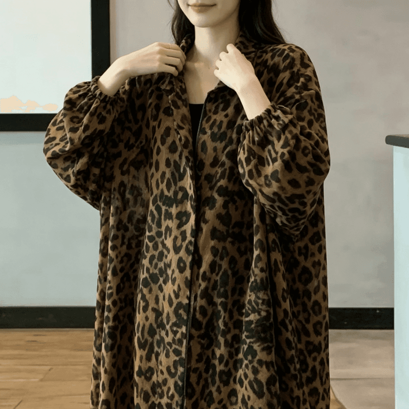 2026 새로운 가을 겨울 유럽과 미국 지방 mm 빅 사이즈 루즈핏 레오파드 무늬 바람막이 여성 무릎 아래 폴로 칼라 지퍼 롱 코트 얇은 코트 이미지 2