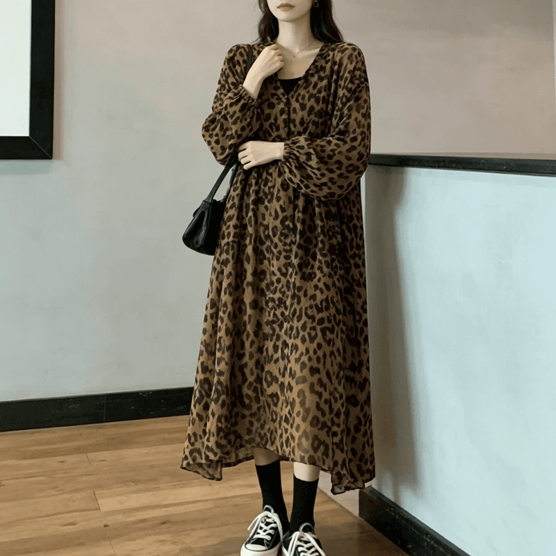 2026 새로운 가을 겨울 유럽과 미국 지방 mm 빅 사이즈 루즈핏 레오파드 무늬 바람막이 여성 무릎 아래 폴로 칼라 지퍼 롱 코트 얇은 코트 상세 이미지 2