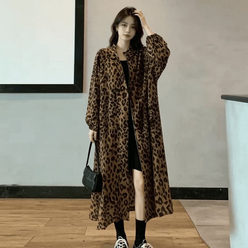 2026 새로운 가을 겨울 유럽과 미국 지방 mm 빅 사이즈 루즈핏 레오파드 무늬 바람막이 여성 무릎 아래 폴로 칼라 지퍼 롱 코트 얇은 코트 상세 이미지 8