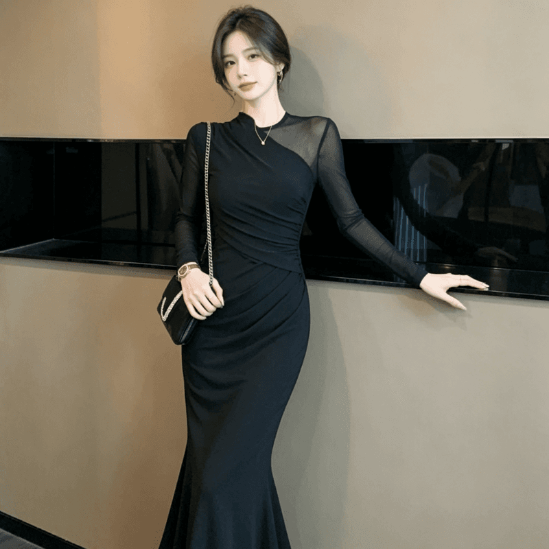 유럽 역 검정색 드레스 가을 겨울 여성 의류 로얄 자매 바람 고급 센스 망사 패치워크 몸매 가꾸기 타이트 스커트 인어 꼬리 롱 스커트 상세 이미지 5