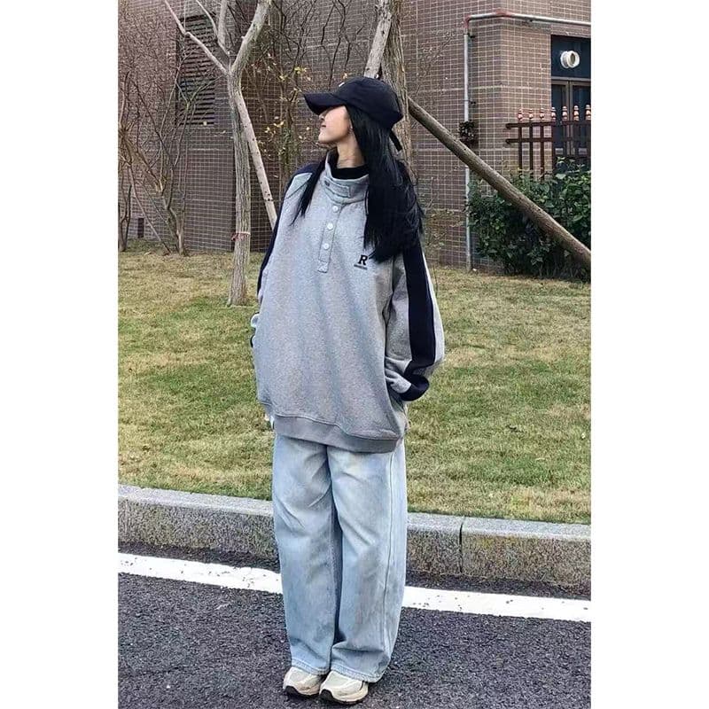 순수한 Mianhua 면 복합 우유 실크 후드티 여성 2026 봄 가을 새로운 배색 얇은 스타일 자수 스탠드 칼라 맨위 이미지 4