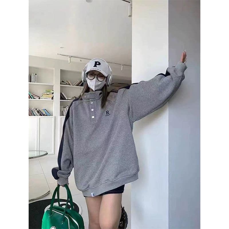 순수한 Mianhua 면 복합 우유 실크 후드티 여성 2026 봄 가을 새로운 배색 얇은 스타일 자수 스탠드 칼라 맨위 상세 이미지 5
