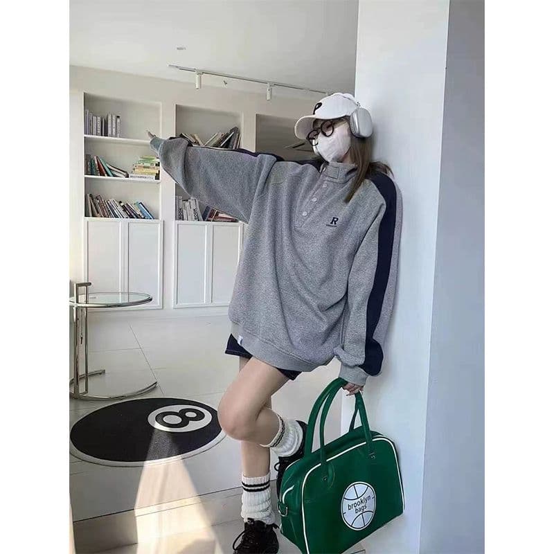 순수한 Mianhua 면 복합 우유 실크 후드티 여성 2026 봄 가을 새로운 배색 얇은 스타일 자수 스탠드 칼라 맨위 상세 이미지 6
