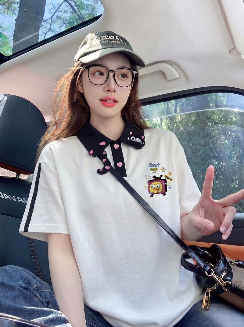구슬 그라운드 면 반팔 티셔츠 여성 의류 여름 새로운 3 차원 장식 루즈핏 자수 POLO 칼라 맨위 상세 이미지 7
