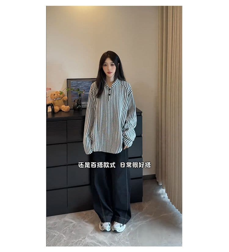300 그램 원본 긴팔 티셔츠 기본 셔츠 여성 얇은 스타일 트렌디 가을 새로운 생선뼈 곡물 루즈핏 스탠드 칼라 맨위 상세 이미지 11