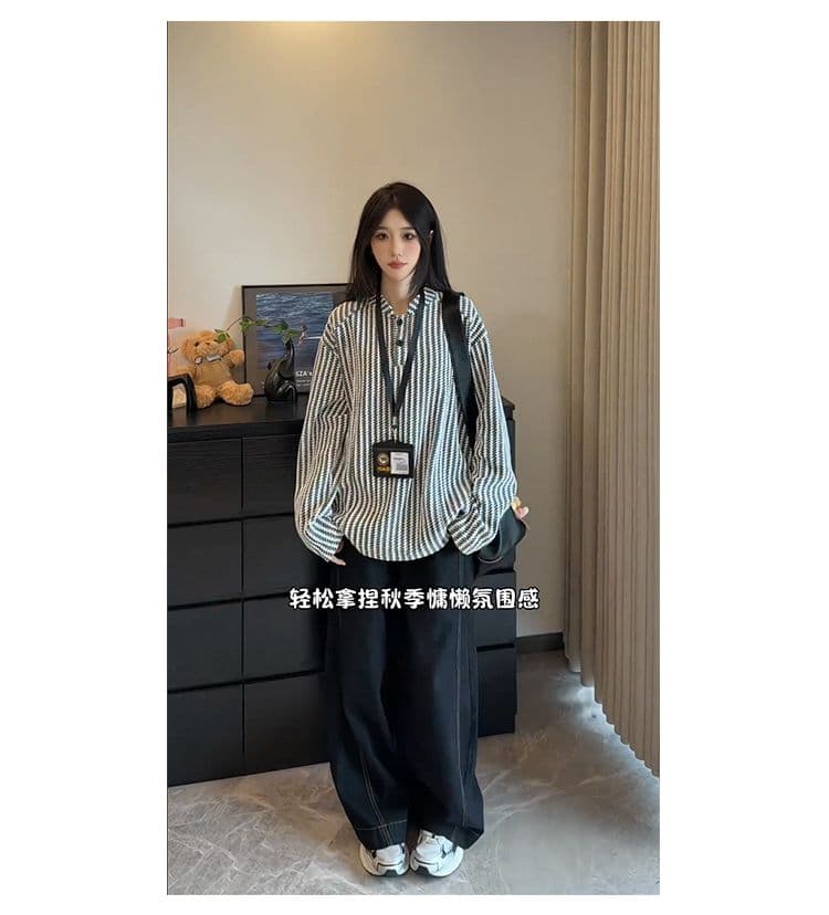300 그램 원본 긴팔 티셔츠 기본 셔츠 여성 얇은 스타일 트렌디 가을 새로운 생선뼈 곡물 루즈핏 스탠드 칼라 맨위 상세 이미지 24