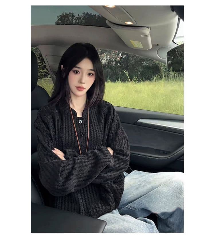 300 그램 원본 긴팔 티셔츠 기본 셔츠 여성 얇은 스타일 트렌디 가을 새로운 생선뼈 곡물 루즈핏 스탠드 칼라 맨위 상세 이미지 30