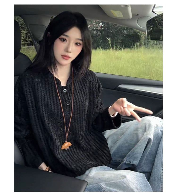 300 그램 원본 긴팔 티셔츠 기본 셔츠 여성 얇은 스타일 트렌디 가을 새로운 생선뼈 곡물 루즈핏 스탠드 칼라 맨위 상세 이미지 34