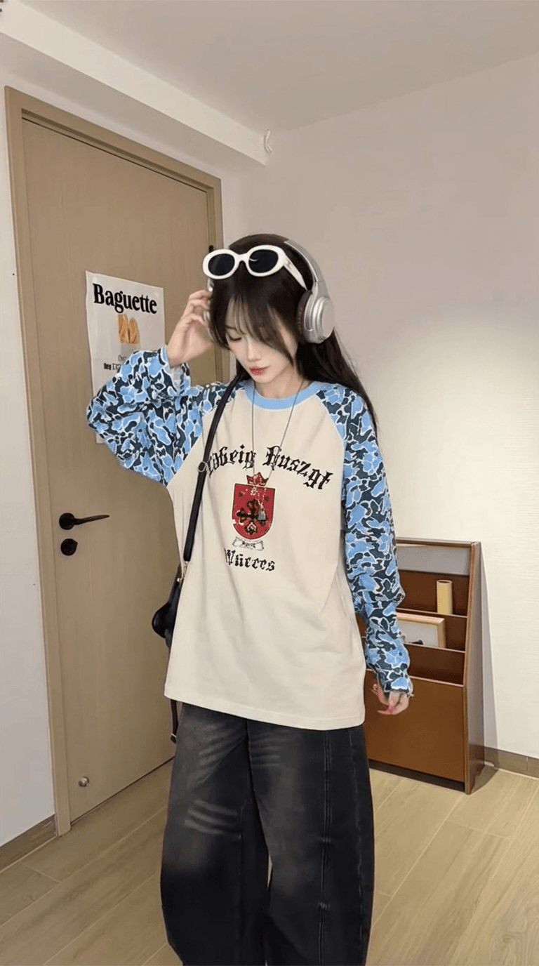 250그램 후아 남편 그리드 긴팔 티셔츠 여성 의류 봄 가을 새로운 한 부서 삽입 어깨 소매 루즈핏 라운드 넥 맨위 이미지 3