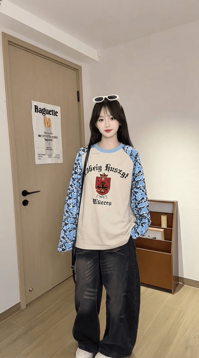 250그램 후아 남편 그리드 긴팔 티셔츠 여성 의류 봄 가을 새로운 한 부서 삽입 어깨 소매 루즈핏 라운드 넥 맨위 상세 이미지 2