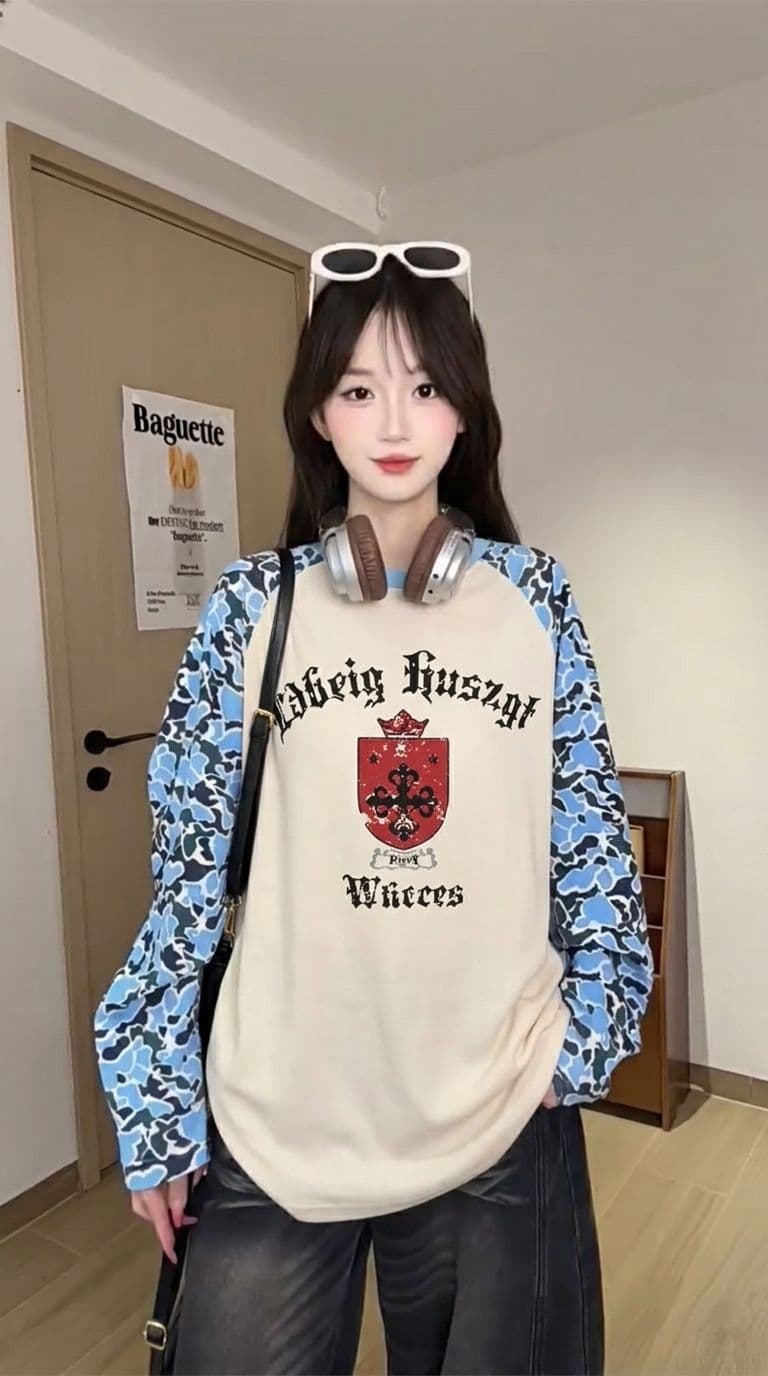 250그램 후아 남편 그리드 긴팔 티셔츠 여성 의류 봄 가을 새로운 한 부서 삽입 어깨 소매 루즈핏 라운드 넥 맨위 상세 이미지 6