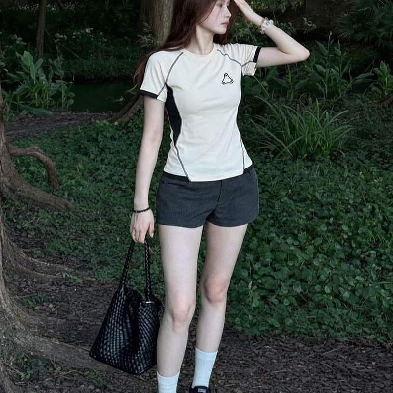 1 1 순면 리브 220 그램 반팔 티셔츠 여성 의류 여름 새로운 디자인 센스 삽입 색상 라운드 넥 맨위 이미지 5