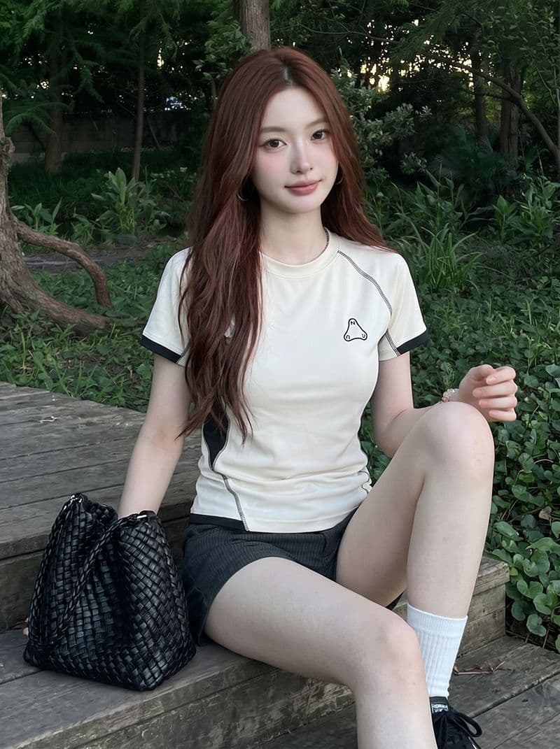 1 1 순면 리브 220 그램 반팔 티셔츠 여성 의류 여름 새로운 디자인 센스 삽입 색상 라운드 넥 맨위 상세 이미지 6