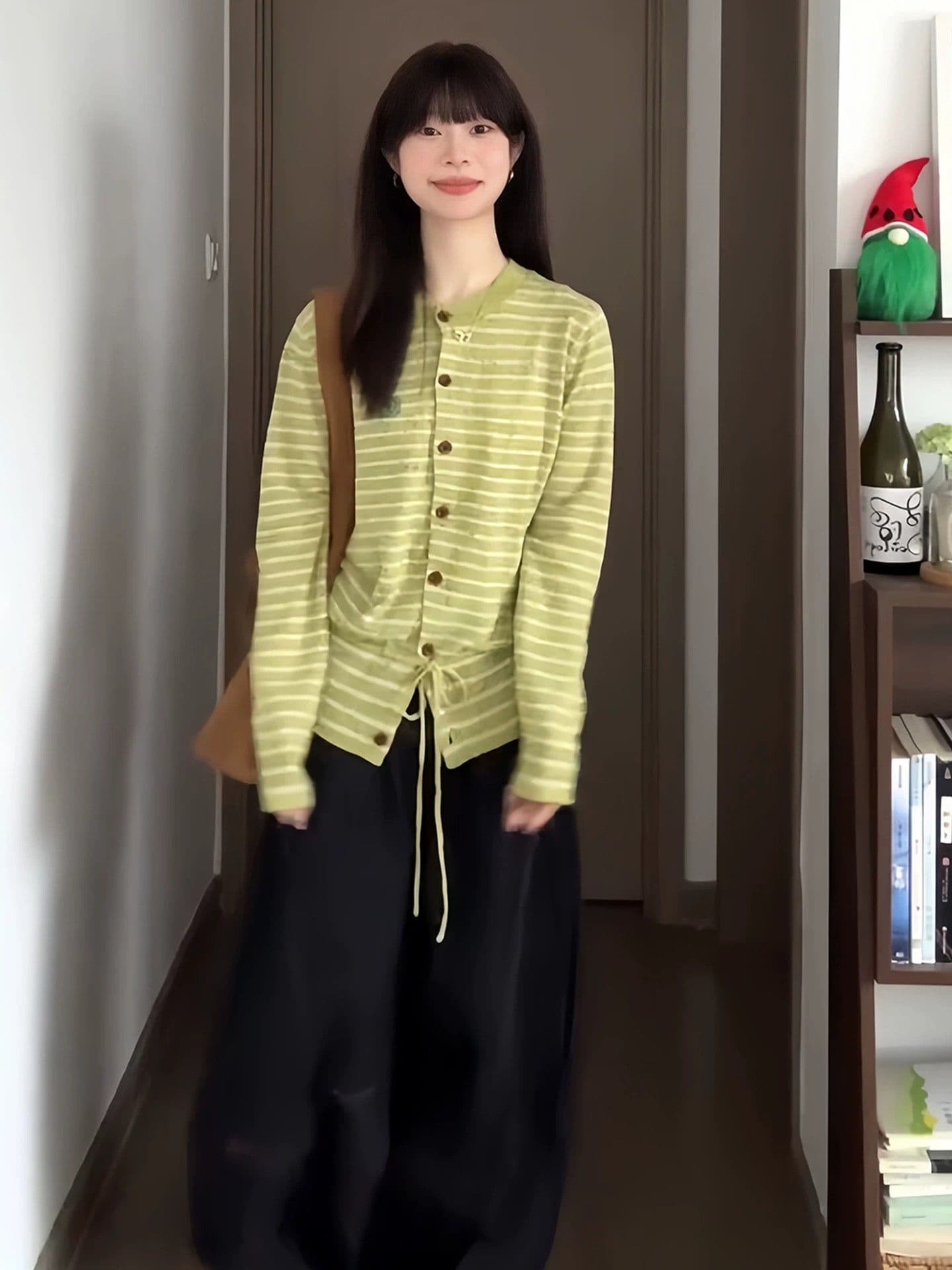 양 플러시 녹색 스트라이프 레이스업 니트 카디건 코트 자이언트 잘 생긴 스웨터 다용도 여성 슈퍼 화재 연령 감소 맨위 이미지 4