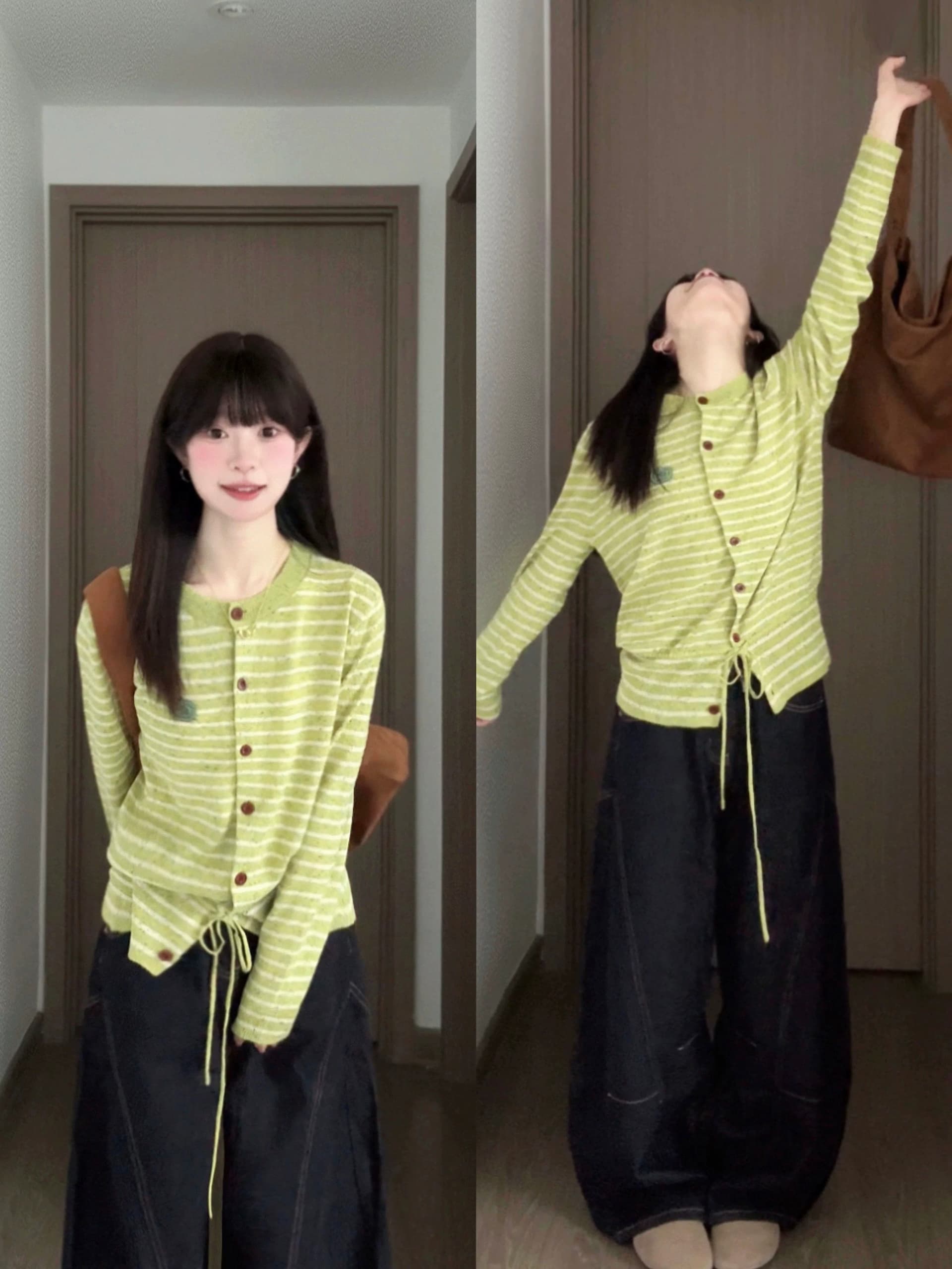 양 플러시 녹색 스트라이프 레이스업 니트 카디건 코트 자이언트 잘 생긴 스웨터 다용도 여성 슈퍼 화재 연령 감소 맨위 상세 이미지 1