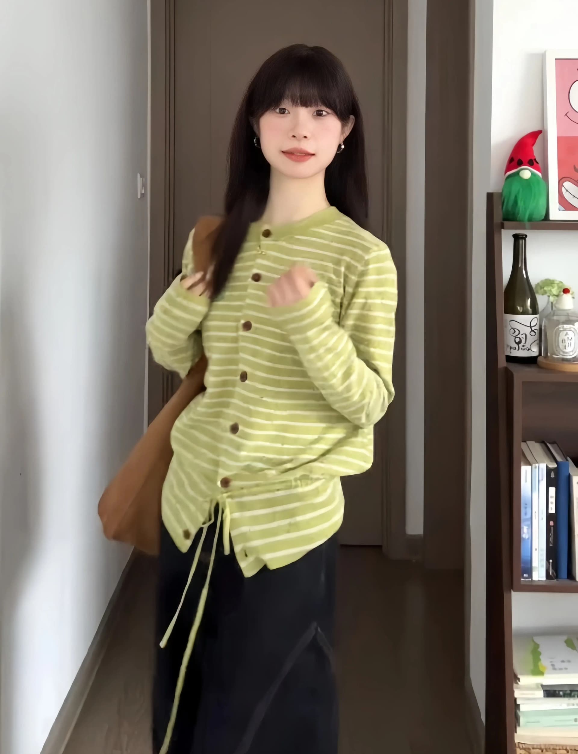 양 플러시 녹색 스트라이프 레이스업 니트 카디건 코트 자이언트 잘 생긴 스웨터 다용도 여성 슈퍼 화재 연령 감소 맨위 상세 이미지 2
