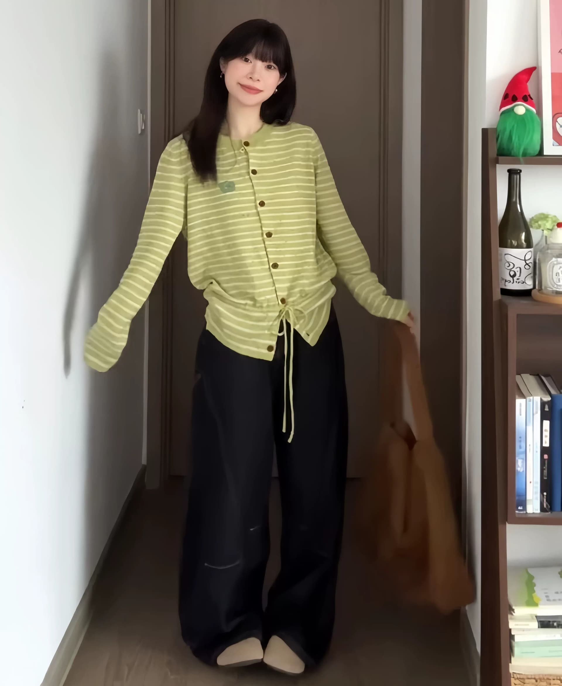 양 플러시 녹색 스트라이프 레이스업 니트 카디건 코트 자이언트 잘 생긴 스웨터 다용도 여성 슈퍼 화재 연령 감소 맨위 상세 이미지 4