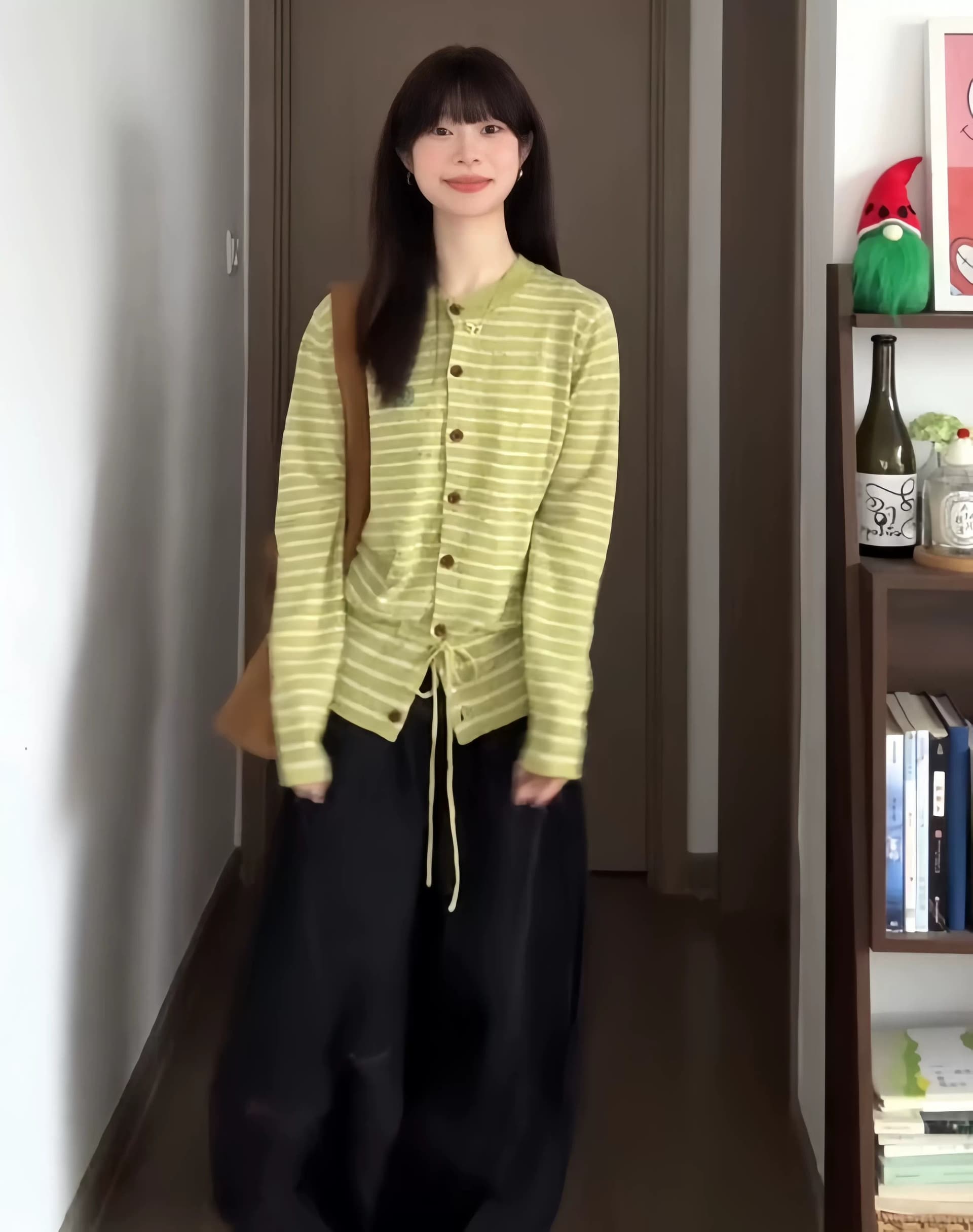 양 플러시 녹색 스트라이프 레이스업 니트 카디건 코트 자이언트 잘 생긴 스웨터 다용도 여성 슈퍼 화재 연령 감소 맨위 상세 이미지 5