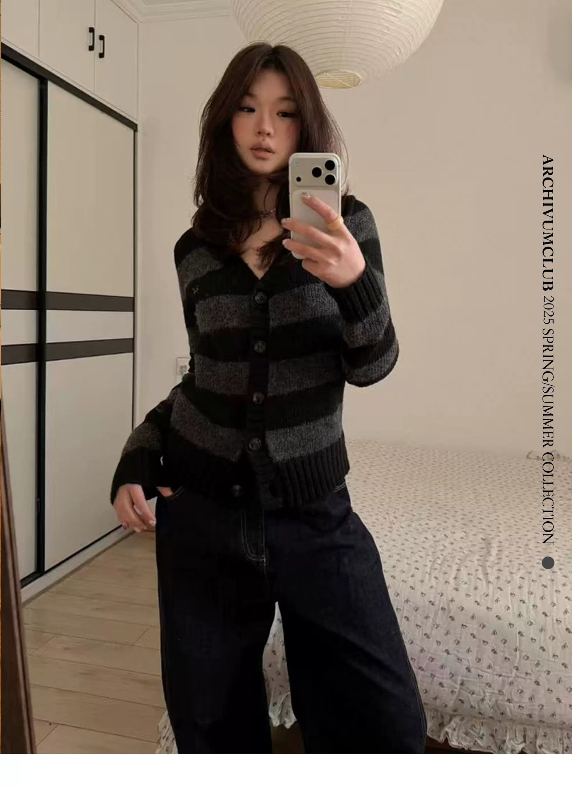 양 플러시 블랙 회색 스트라이프 느긋한 센스 V넥 양모 혼방 스웨터 니트 오픈 가디건 여성 가을 몸매 가꾸기 맨위 트렌디 상세 이미지 1