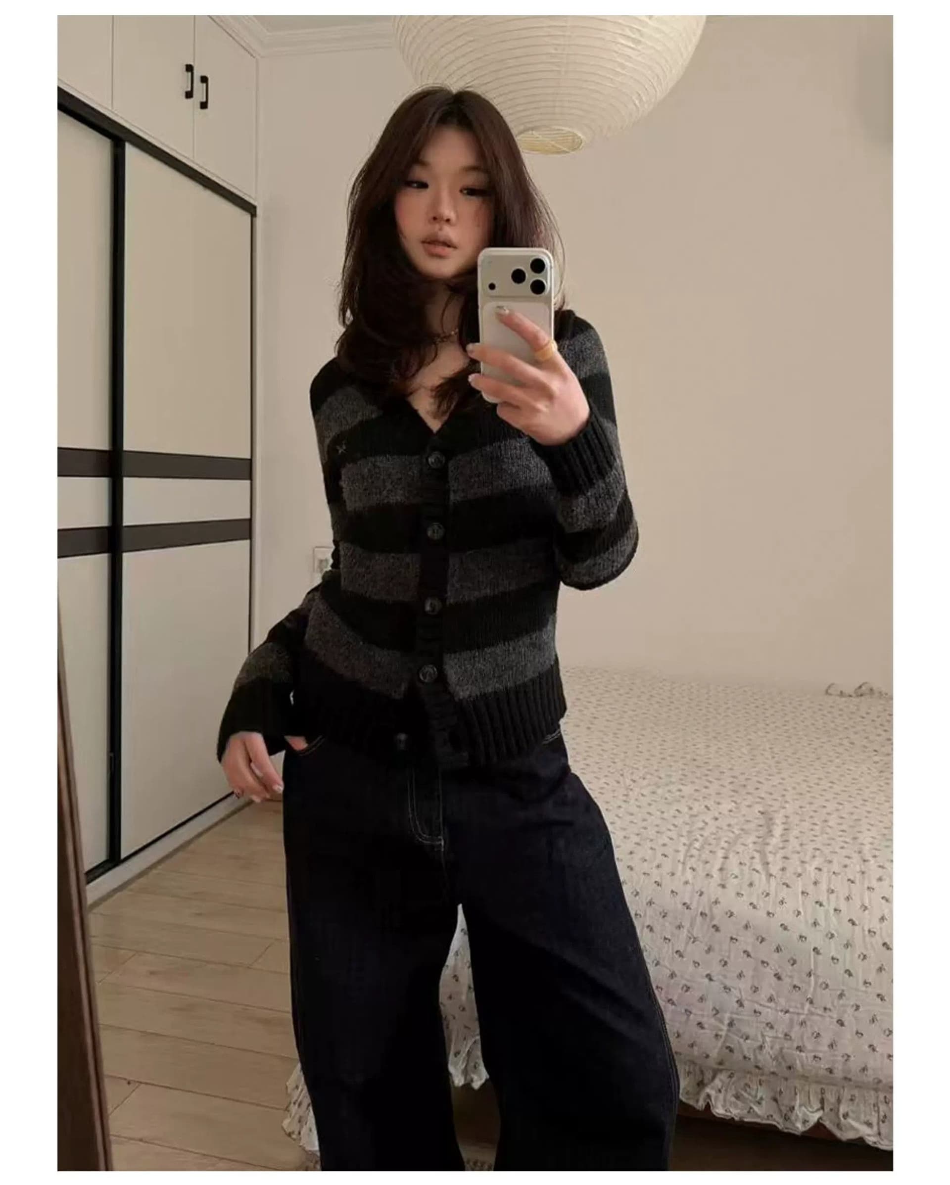 양 플러시 블랙 회색 스트라이프 느긋한 센스 V넥 양모 혼방 스웨터 니트 오픈 가디건 여성 가을 몸매 가꾸기 맨위 트렌디 상세 이미지 3