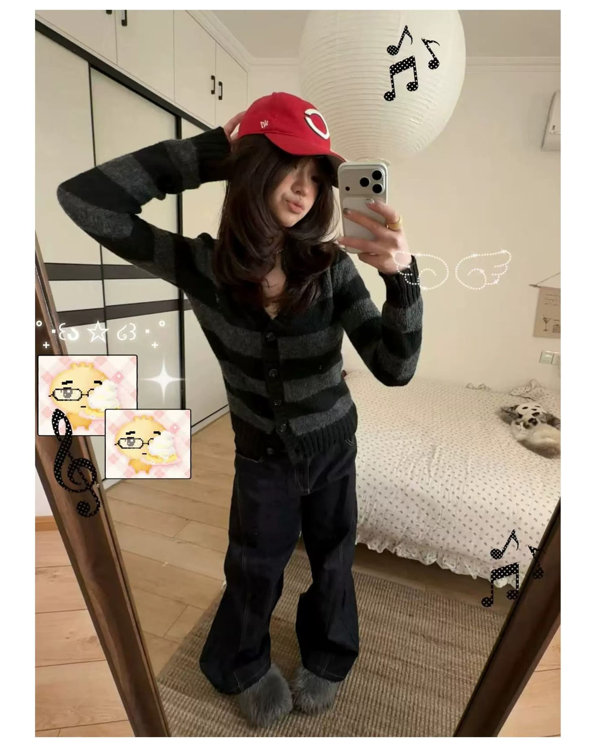 양 플러시 블랙 회색 스트라이프 느긋한 센스 V넥 양모 혼방 스웨터 니트 오픈 가디건 여성 가을 몸매 가꾸기 맨위 트렌디 상세 이미지 4