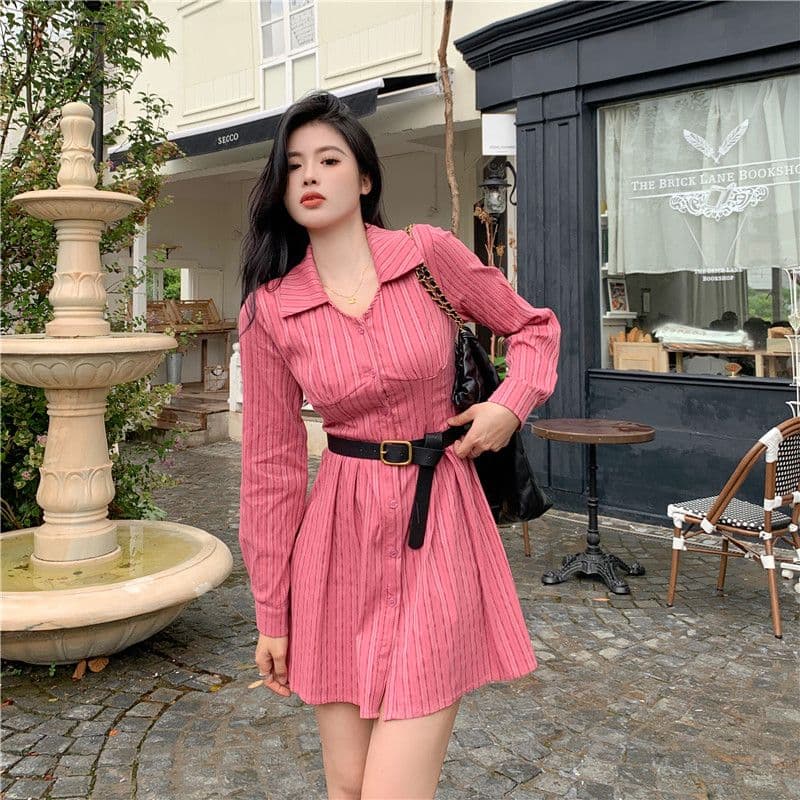 포함 면 자카드 원단 하나 레트로 빛 럭셔리 스트라이프 긴팔 빨간색 셔츠 드레스 통통한 여동생 허리 수축 슬림해 보이는 드레스