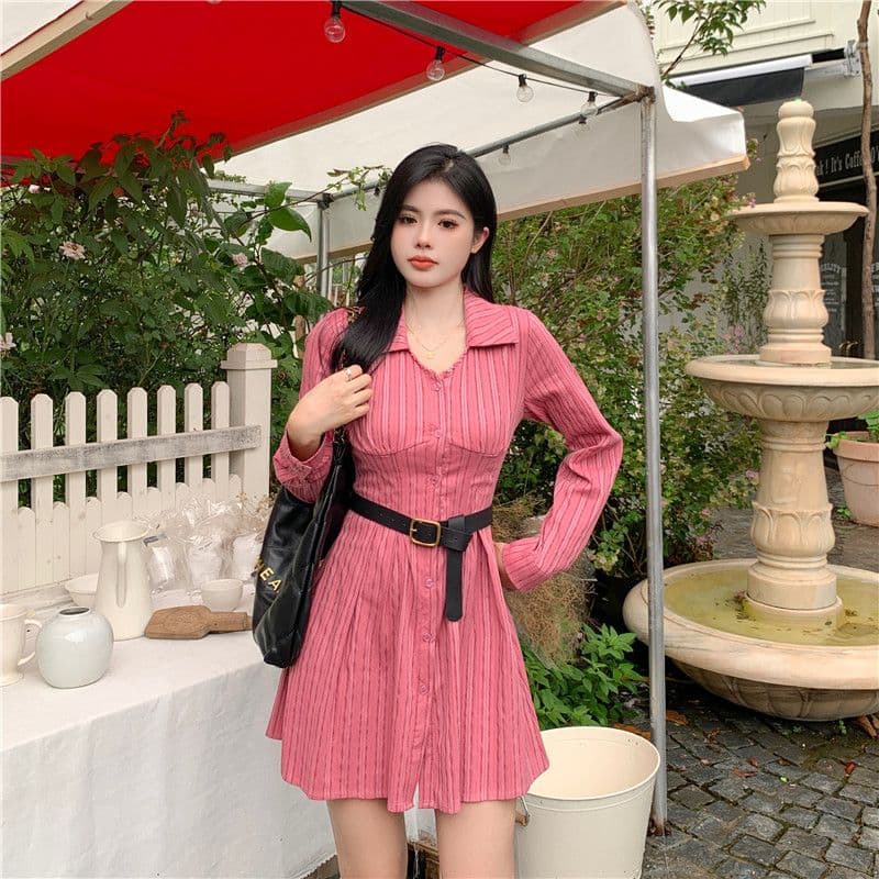 포함 면 자카드 원단 하나 레트로 빛 럭셔리 스트라이프 긴팔 빨간색 셔츠 드레스 통통한 여동생 허리 수축 슬림해 보이는 드레스 상세 이미지 3