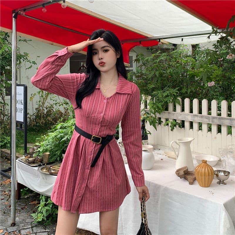 포함 면 자카드 원단 하나 레트로 빛 럭셔리 스트라이프 긴팔 빨간색 셔츠 드레스 통통한 여동생 허리 수축 슬림해 보이는 드레스 상세 이미지 6
