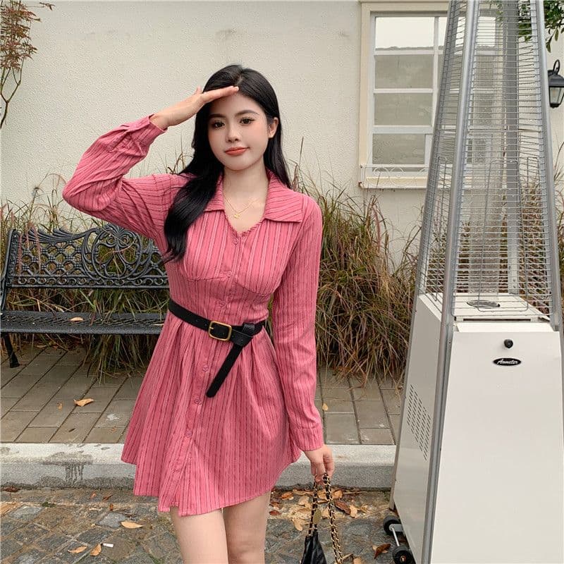 포함 면 자카드 원단 하나 레트로 빛 럭셔리 스트라이프 긴팔 빨간색 셔츠 드레스 통통한 여동생 허리 수축 슬림해 보이는 드레스 상세 이미지 7