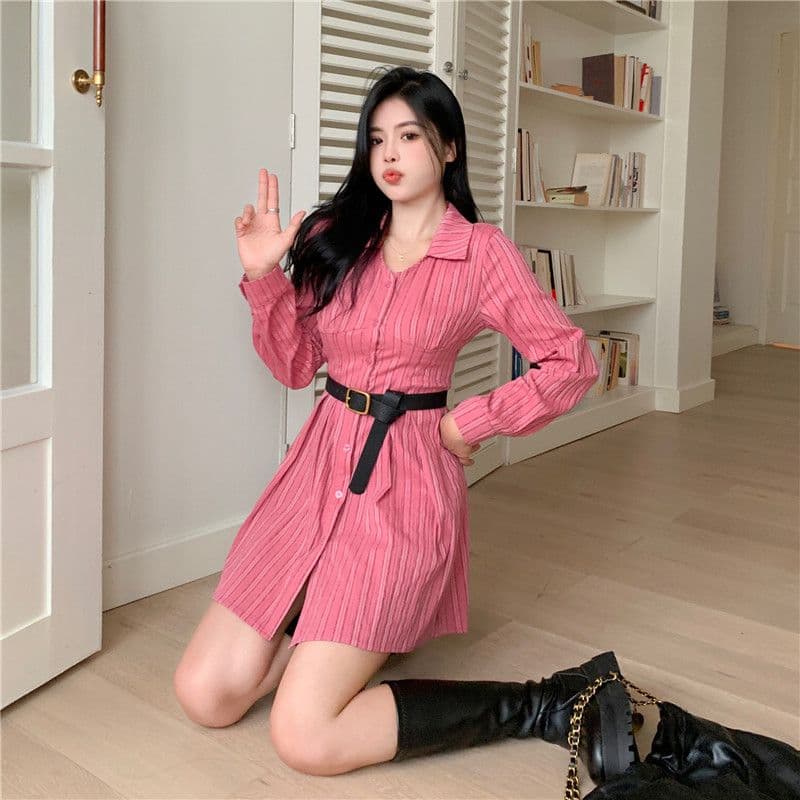 포함 면 자카드 원단 하나 레트로 빛 럭셔리 스트라이프 긴팔 빨간색 셔츠 드레스 통통한 여동생 허리 수축 슬림해 보이는 드레스 상세 이미지 9