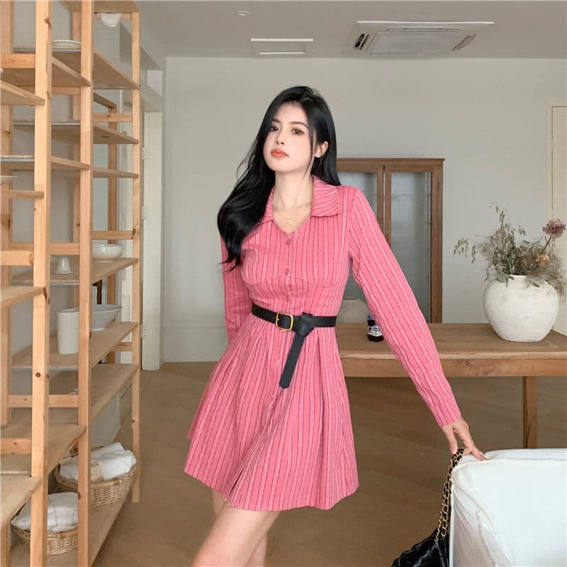 포함 면 자카드 원단 하나 레트로 빛 럭셔리 스트라이프 긴팔 빨간색 셔츠 드레스 통통한 여동생 허리 수축 슬림해 보이는 드레스 상세 이미지 12