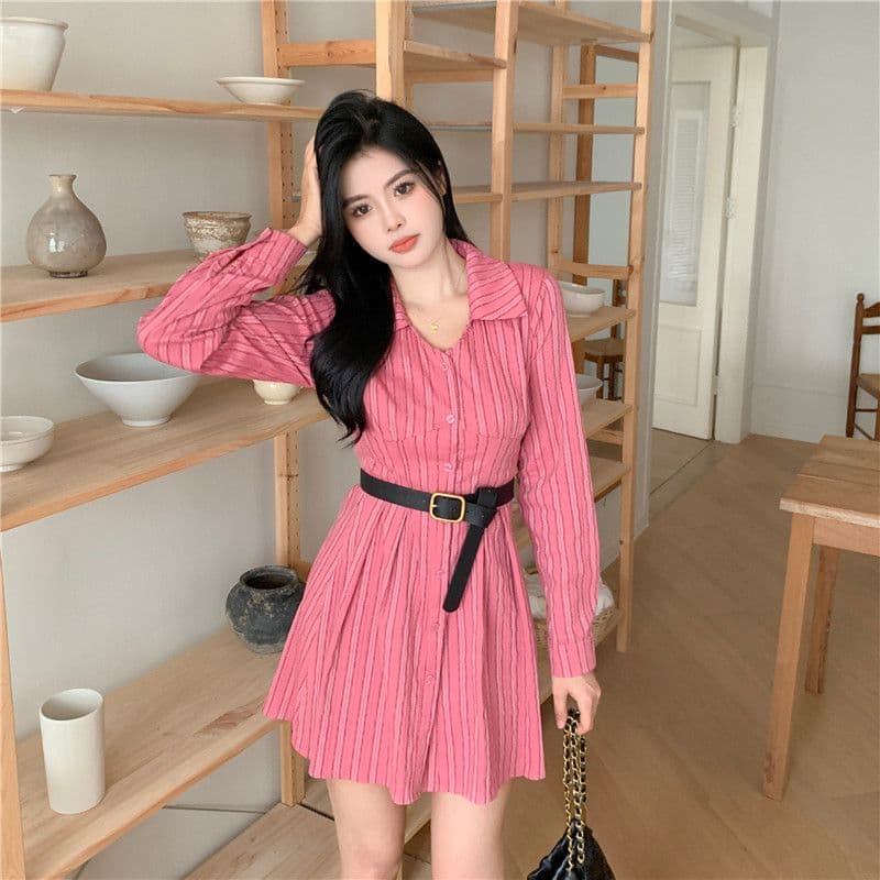 포함 면 자카드 원단 하나 레트로 빛 럭셔리 스트라이프 긴팔 빨간색 셔츠 드레스 통통한 여동생 허리 수축 슬림해 보이는 드레스 상세 이미지 14