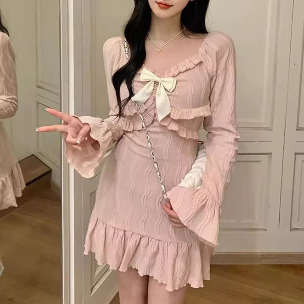 원본 자카드 원단 벨트 네리 지퍼 경기 나비 매듭 핑크색 달콤함 프랑스식 긴팔 타이트 스커트 드레스 이미지 3