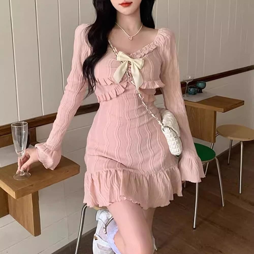 원본 자카드 원단 벨트 네리 지퍼 경기 나비 매듭 핑크색 달콤함 프랑스식 긴팔 타이트 스커트 드레스 이미지 2