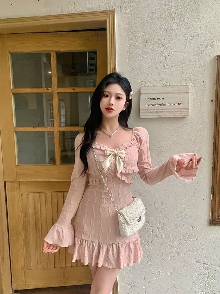 원본 자카드 원단 벨트 네리 지퍼 경기 나비 매듭 핑크색 달콤함 프랑스식 긴팔 타이트 스커트 드레스 상세 이미지 3