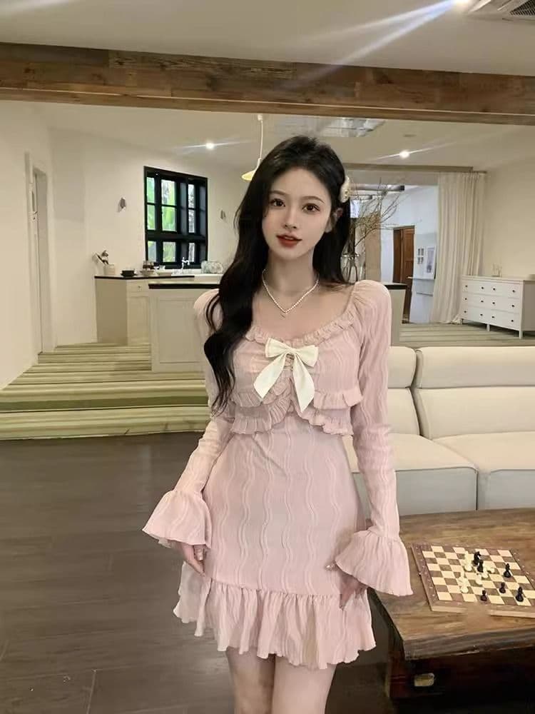 원본 자카드 원단 벨트 네리 지퍼 경기 나비 매듭 핑크색 달콤함 프랑스식 긴팔 타이트 스커트 드레스 상세 이미지 6