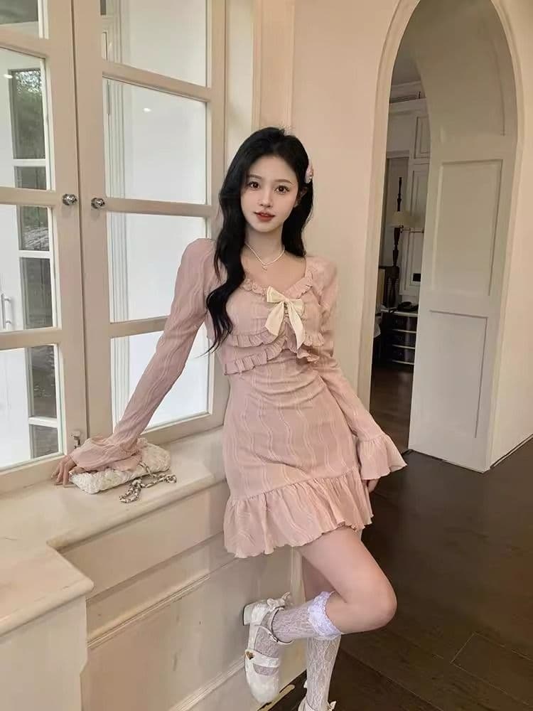 원본 자카드 원단 벨트 네리 지퍼 경기 나비 매듭 핑크색 달콤함 프랑스식 긴팔 타이트 스커트 드레스 상세 이미지 8