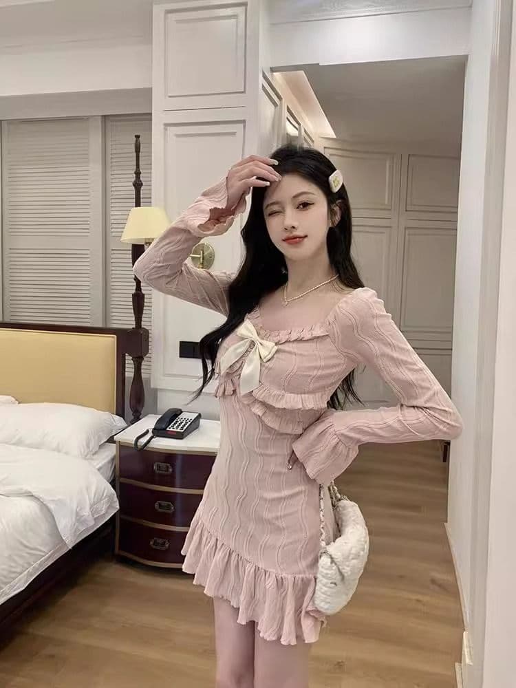 원본 자카드 원단 벨트 네리 지퍼 경기 나비 매듭 핑크색 달콤함 프랑스식 긴팔 타이트 스커트 드레스 상세 이미지 9