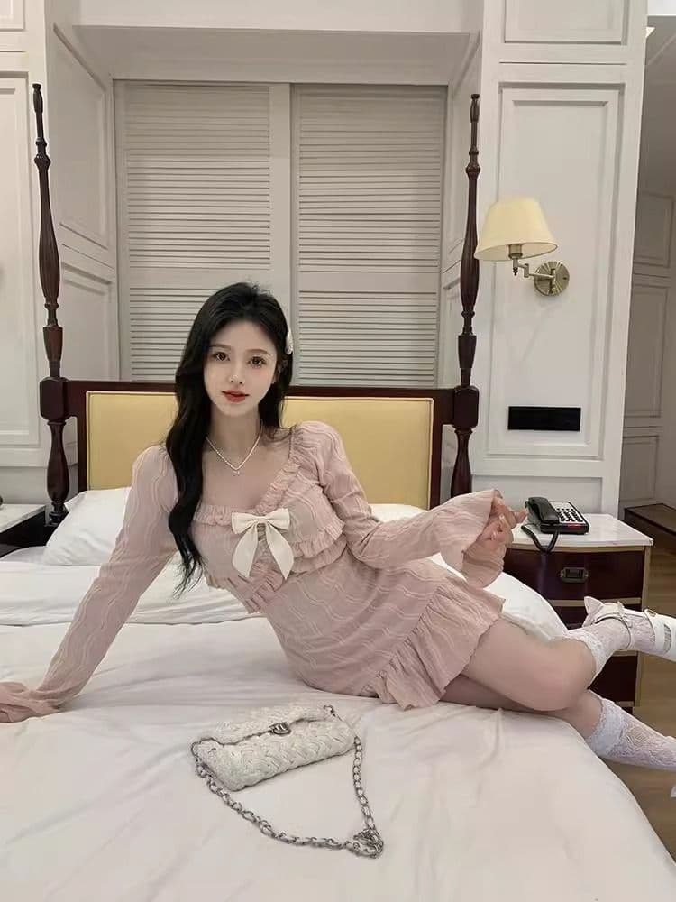 원본 자카드 원단 벨트 네리 지퍼 경기 나비 매듭 핑크색 달콤함 프랑스식 긴팔 타이트 스커트 드레스 상세 이미지 10
