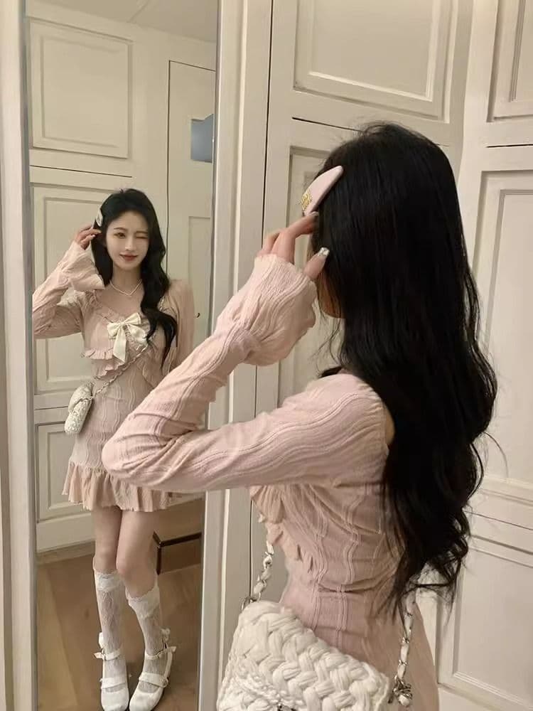 원본 자카드 원단 벨트 네리 지퍼 경기 나비 매듭 핑크색 달콤함 프랑스식 긴팔 타이트 스커트 드레스 상세 이미지 11