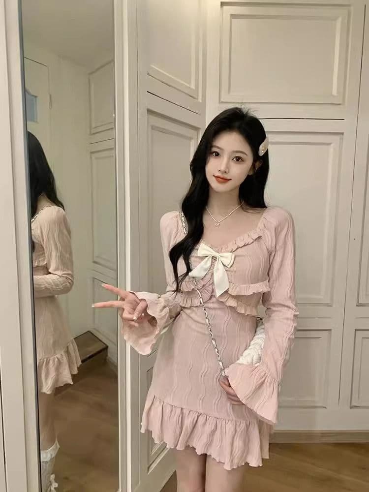 원본 자카드 원단 벨트 네리 지퍼 경기 나비 매듭 핑크색 달콤함 프랑스식 긴팔 타이트 스커트 드레스 상세 이미지 12