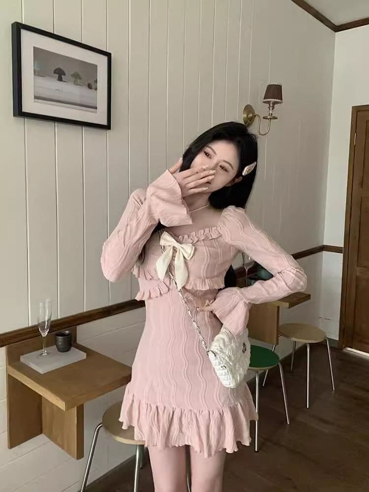 원본 자카드 원단 벨트 네리 지퍼 경기 나비 매듭 핑크색 달콤함 프랑스식 긴팔 타이트 스커트 드레스 상세 이미지 13