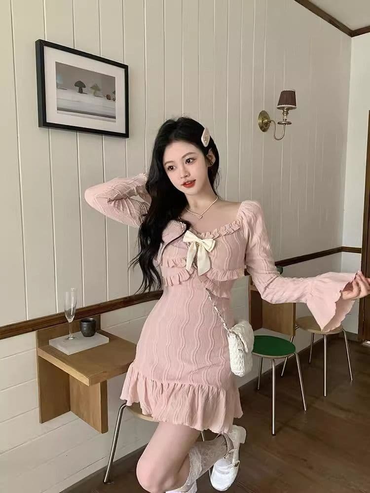 원본 자카드 원단 벨트 네리 지퍼 경기 나비 매듭 핑크색 달콤함 프랑스식 긴팔 타이트 스커트 드레스 상세 이미지 14