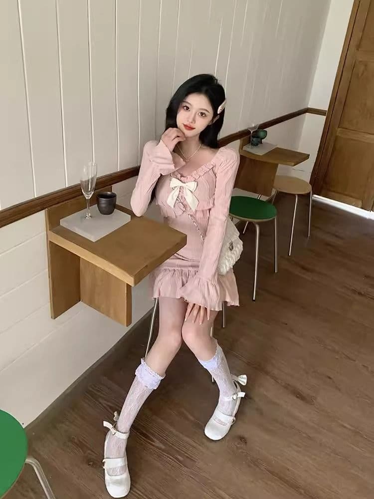 원본 자카드 원단 벨트 네리 지퍼 경기 나비 매듭 핑크색 달콤함 프랑스식 긴팔 타이트 스커트 드레스 상세 이미지 15