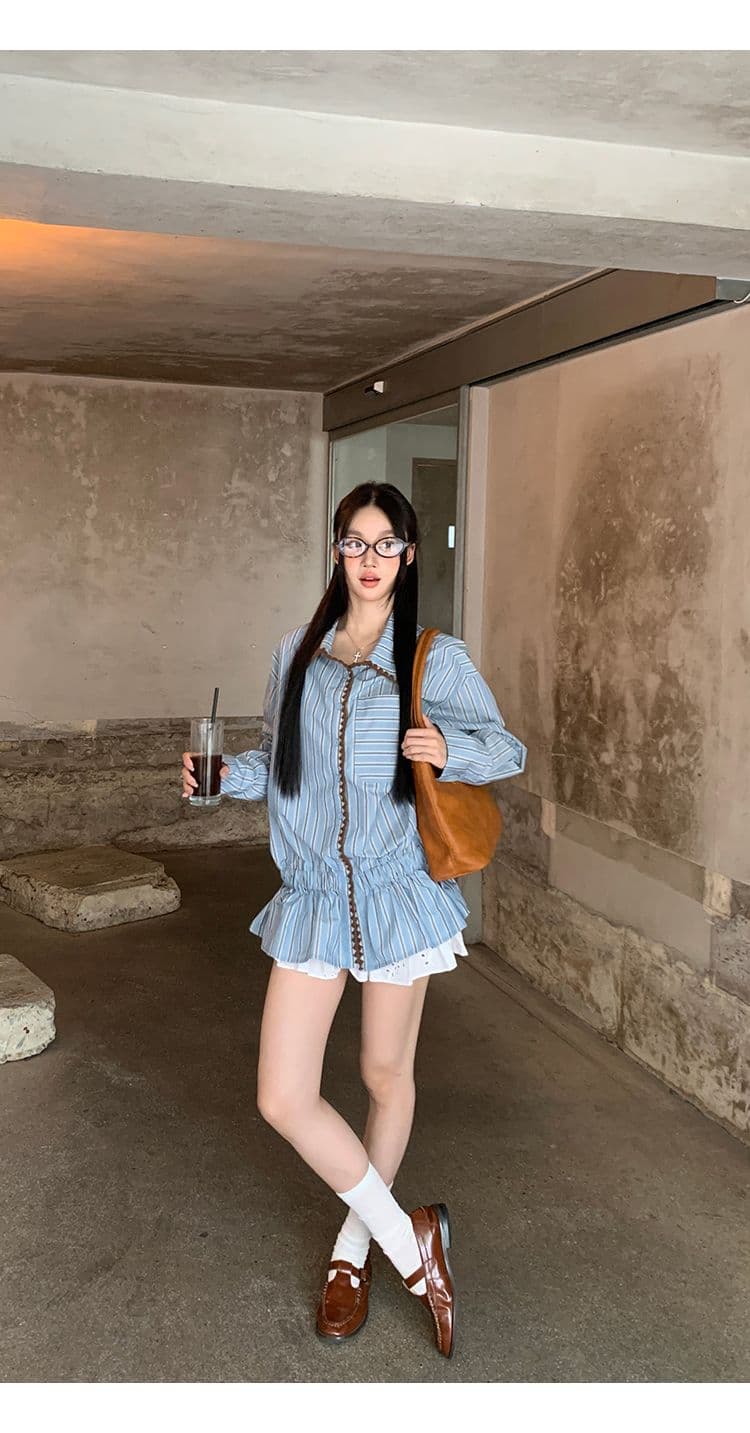 스트라이프 셔틀 제직 조개 자수 참나무 늑골 하나 한 부서 품격 캐주얼 배색 스트라이프 긴팔 셔츠 허리 수축 맨위 상세 이미지 3