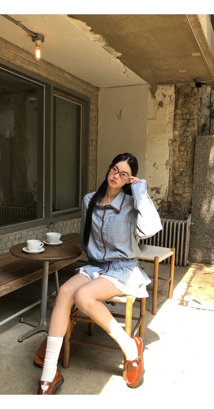 스트라이프 셔틀 제직 조개 자수 참나무 늑골 하나 한 부서 품격 캐주얼 배색 스트라이프 긴팔 셔츠 허리 수축 맨위 상세 이미지 6