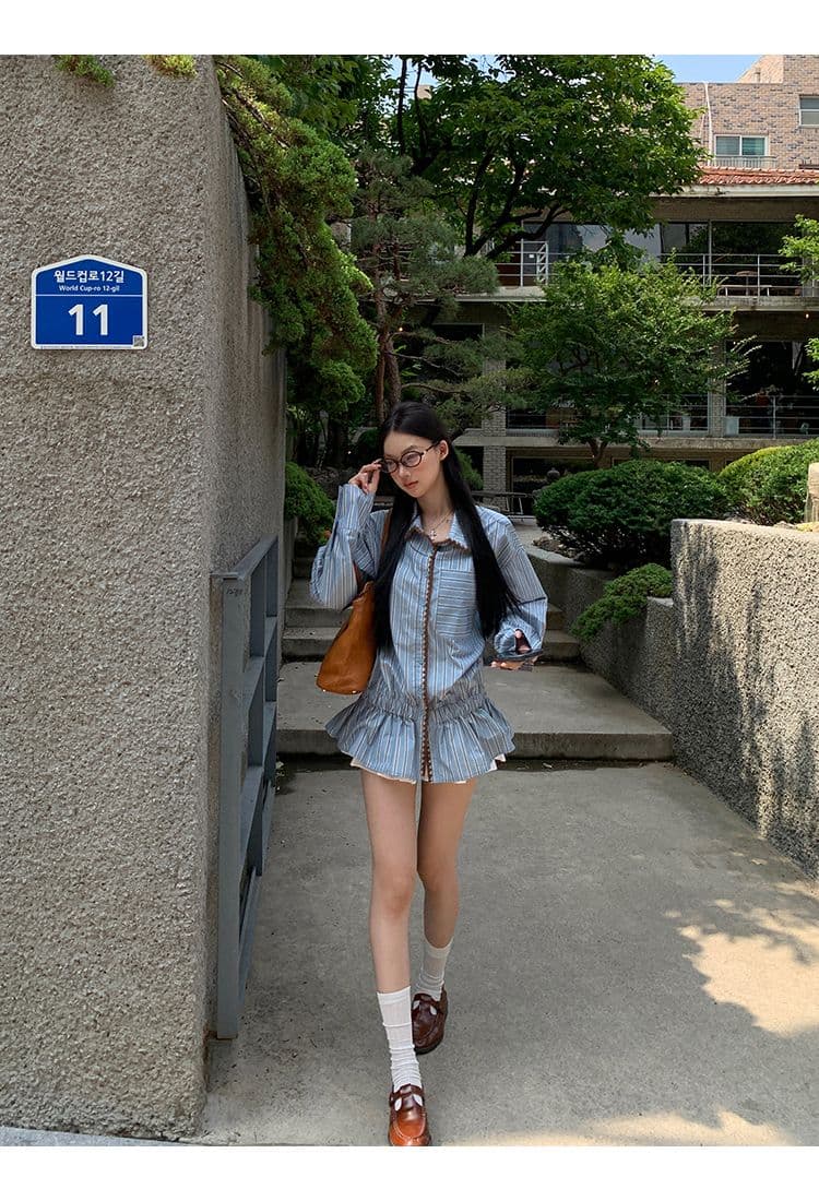 스트라이프 셔틀 제직 조개 자수 참나무 늑골 하나 한 부서 품격 캐주얼 배색 스트라이프 긴팔 셔츠 허리 수축 맨위 상세 이미지 7