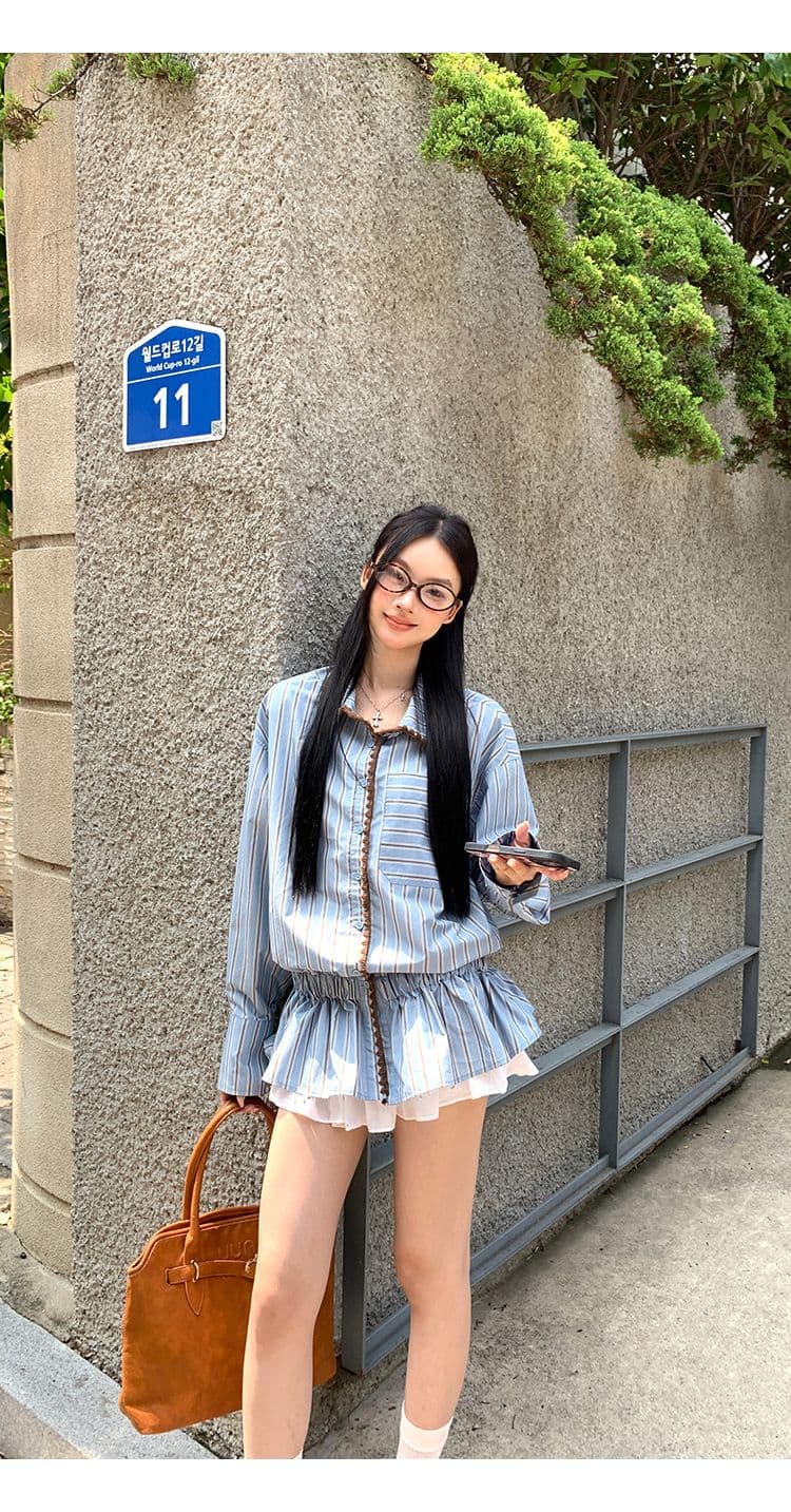 스트라이프 셔틀 제직 조개 자수 참나무 늑골 하나 한 부서 품격 캐주얼 배색 스트라이프 긴팔 셔츠 허리 수축 맨위 상세 이미지 8