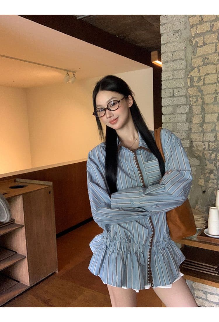 스트라이프 셔틀 제직 조개 자수 참나무 늑골 하나 한 부서 품격 캐주얼 배색 스트라이프 긴팔 셔츠 허리 수축 맨위 상세 이미지 12