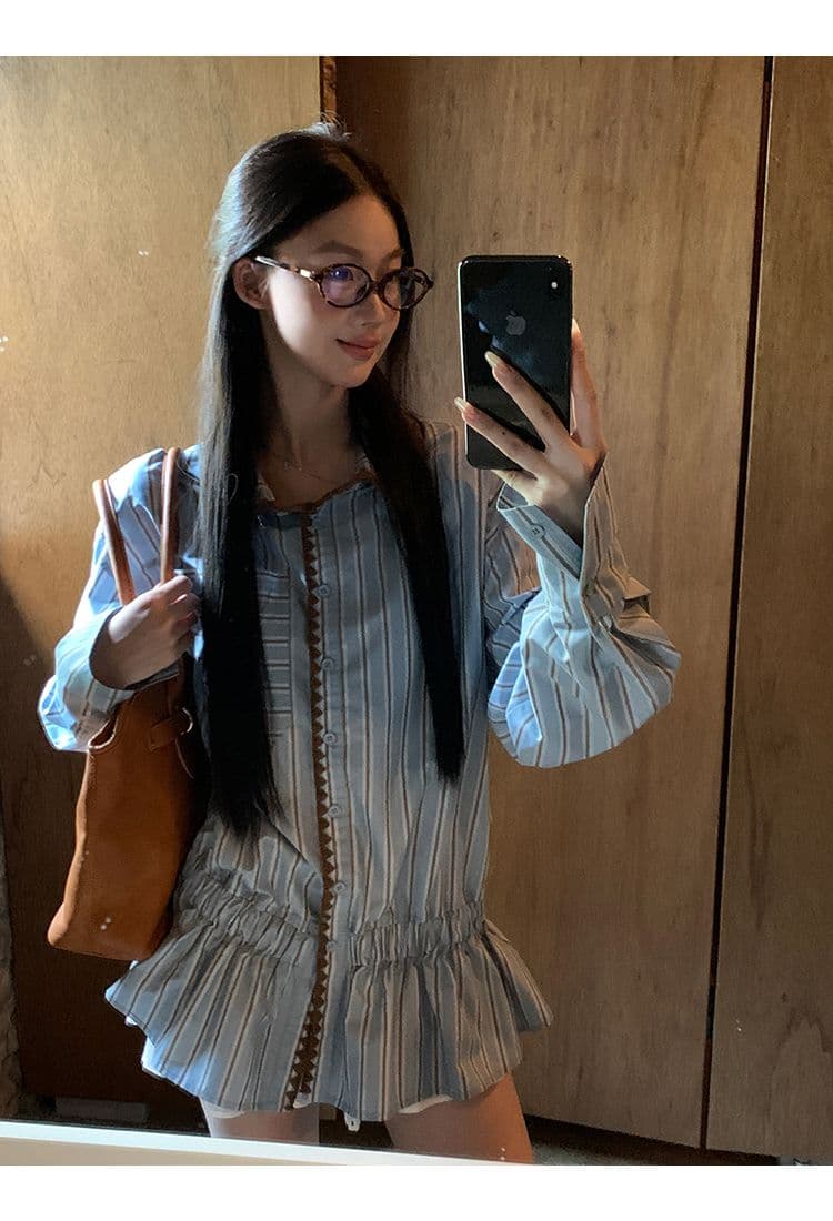스트라이프 셔틀 제직 조개 자수 참나무 늑골 하나 한 부서 품격 캐주얼 배색 스트라이프 긴팔 셔츠 허리 수축 맨위 상세 이미지 13